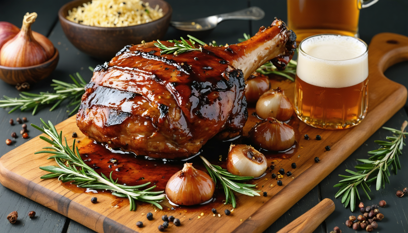 découvrez la recette savoureuse du jarret de porc braisé à la bière d'hugo desnoyer, un plat gourmand et riche en saveurs pour régaler vos papilles.