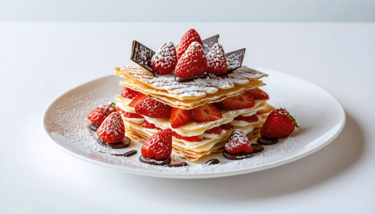 découvrez notre mille-feuilles gourmand et léger, parfait pour la saint-valentin, alliant la fraîcheur des fraises et la douceur du chocolat fondant.