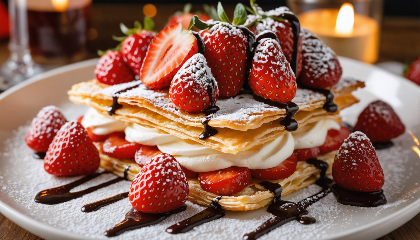 découvrez un mille-feuilles gourmand et léger, parfait pour la saint-valentin, alliant fraises fraîches et chocolat fondant pour un dessert romantique et délicieux.