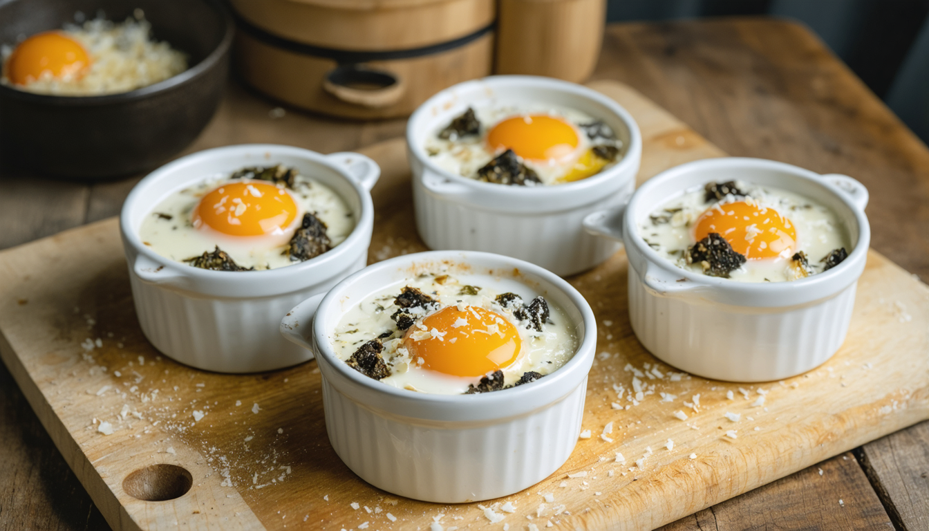 découvrez notre recette simple et gourmande d'œuf cocotte aux truffes, un plat raffiné parfait pour épater vos invités avec élégance et saveur.