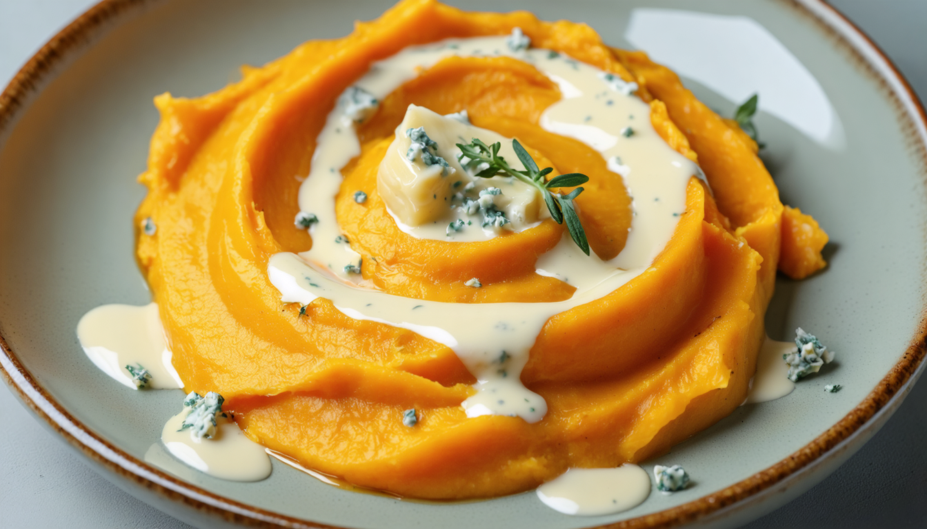 découvrez une onctueuse purée de patate douce et panais, délicatement nappée d'une crème au bleu, pour une explosion de saveurs réconfortantes et raffinées.