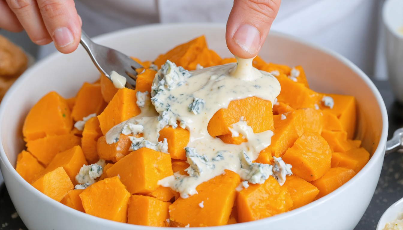 découvrez une onctueuse purée de patate douce et panais, délicatement nappée d'une crème au bleu, pour une explosion de saveurs raffinées et réconfortantes.