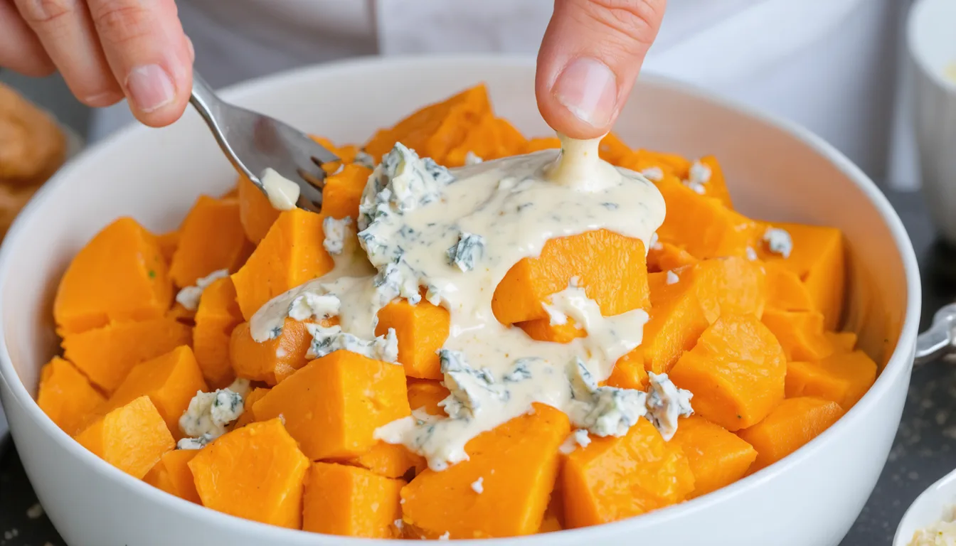 découvrez une onctueuse purée de patate douce et panais, délicatement nappée d'une crème au bleu, pour une explosion de saveurs raffinées et réconfortantes.