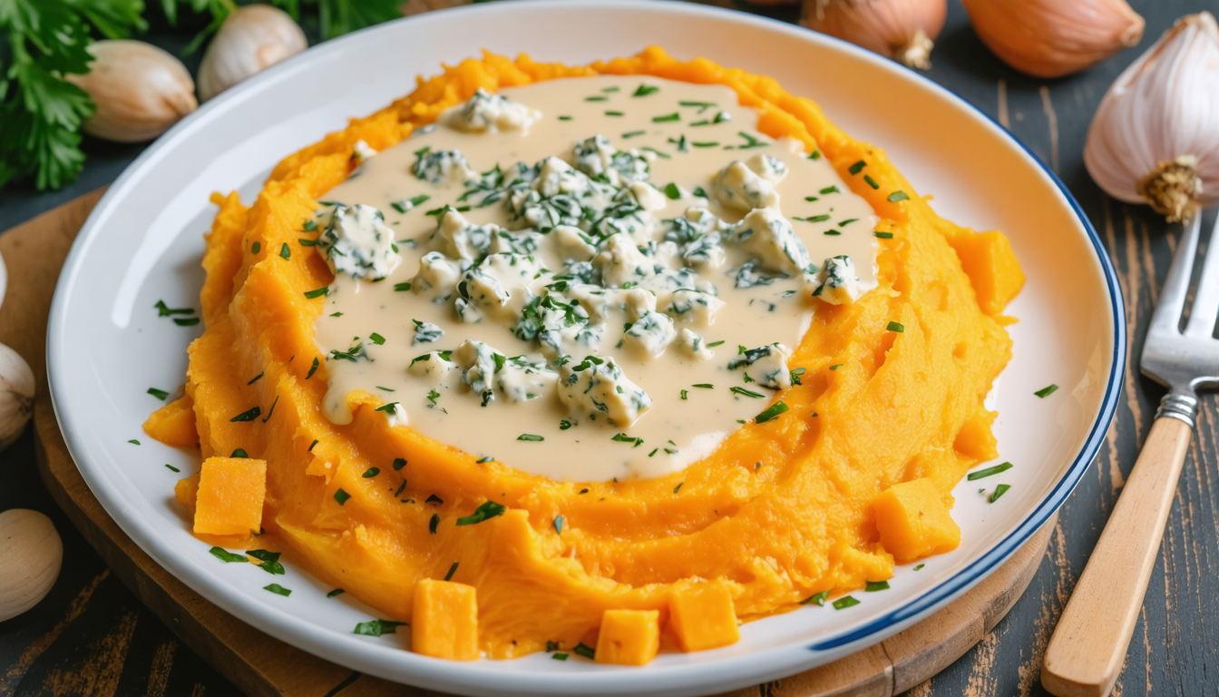 découvrez une onctueuse purée de patate douce et panais, délicatement nappée d'une crème savoureuse au bleu, pour un plaisir gourmand et réconfortant.