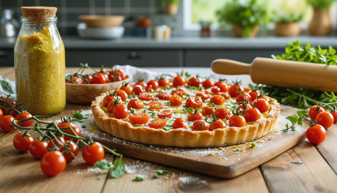 découvrez une recette simple et ludique de tarte légère aux tomates cerises et moutarde, parfaite pour un moment convivial en famille.