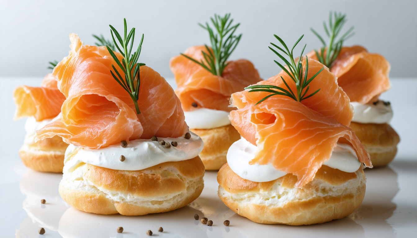 découvrez nos profiteroles légères garnies de fromage frais et saumon fumé, une recette alliant fraîcheur et saveurs marines pour un plaisir gourmand et raffiné.