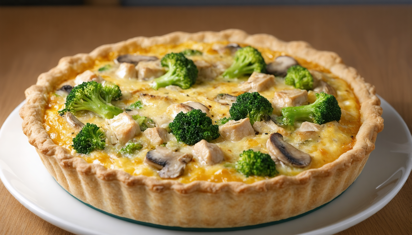 découvrez notre recette de quiche légère au poulet, champignons et brocoli, parfaite pour un repas sain et savoureux. facile à préparer, elle allie gourmandise et équilibre nutritionnel.