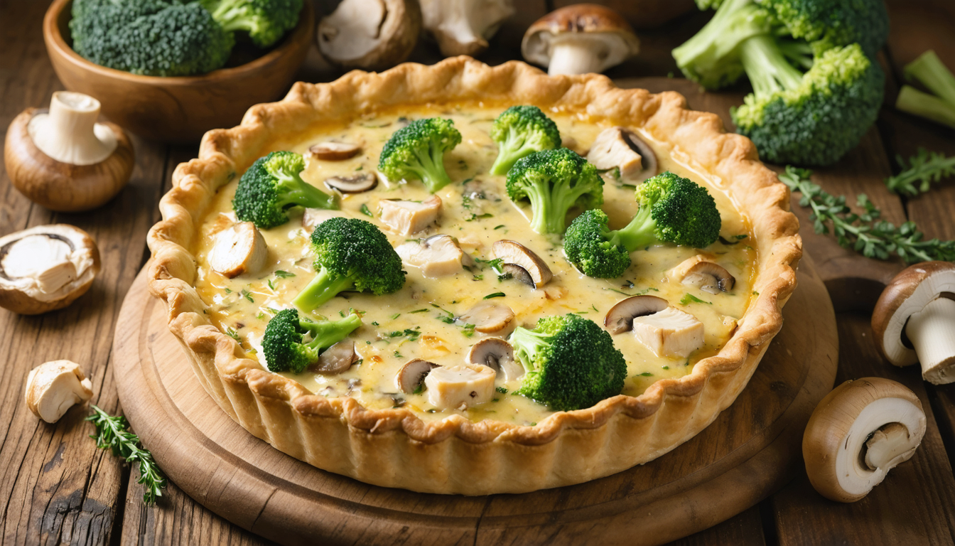 découvrez notre recette de quiche légère au poulet, champignons et brocoli, parfaite pour un repas savoureux et équilibré. facile à réaliser, saine et délicieuse.