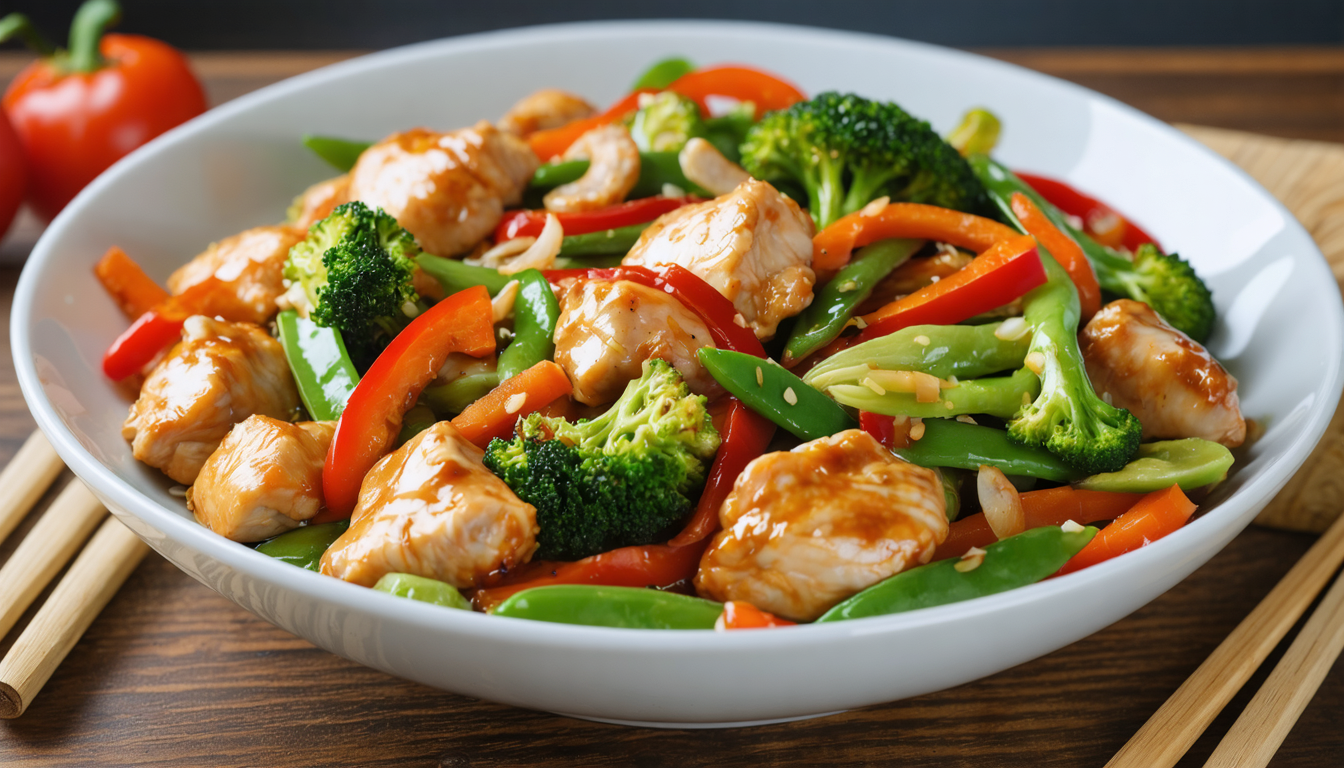 découvrez une recette express de sauté léger de poulet aux légumes croquants et au gingembre parfumé, relevé d'une délicate sauce soja pour un plat savoureux et rapide.