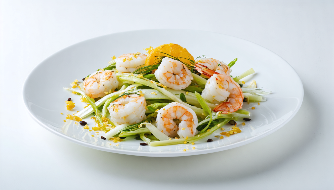 découvrez une recette minceur délicieuse avec une salade fraîche de fenouil croquant, crevettes savoureuses, sésame toasté et zestes d'orange, parfaite pour une alimentation saine et gourmande.