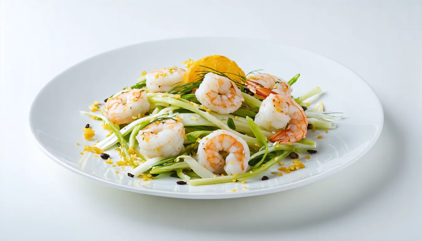 découvrez une recette minceur délicieuse avec une salade fraîche de fenouil croquant, crevettes savoureuses, sésame toasté et zestes d'orange, parfaite pour une alimentation saine et gourmande.