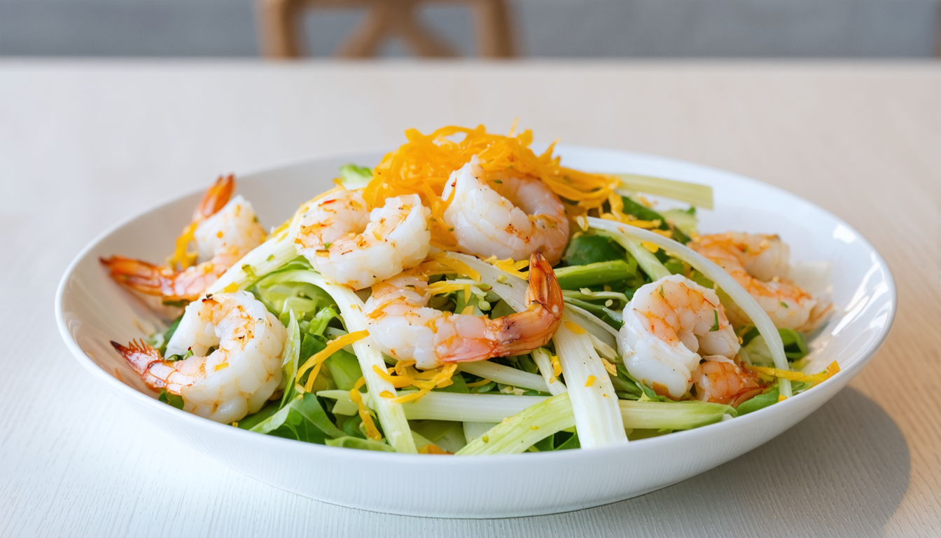 découvrez une recette minceur saine et savoureuse : salade fraîche de fenouil croquant, crevettes délicates, sésame toasté et zestes d'orange pour une explosion de saveurs et de légèreté.
