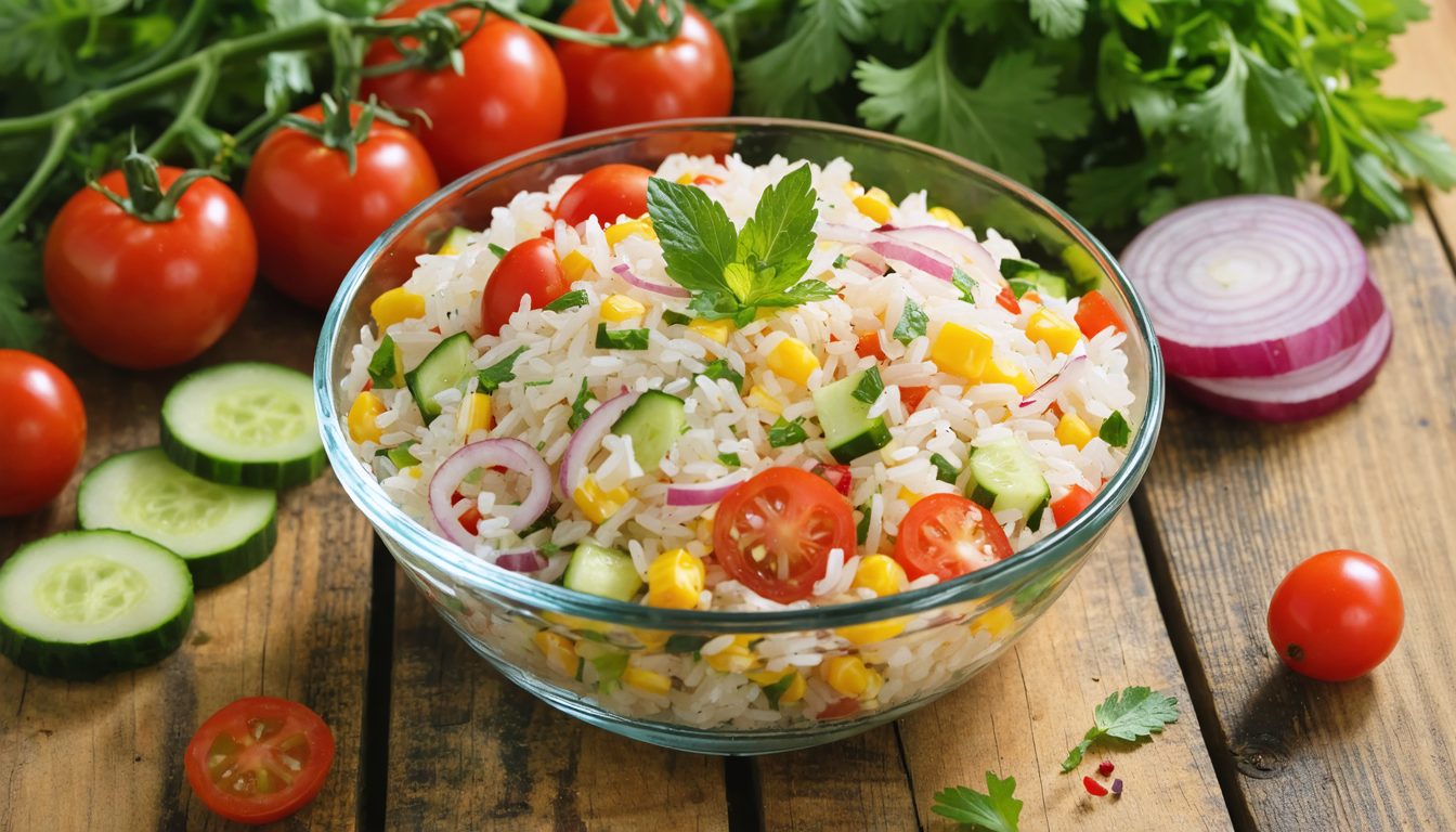 découvrez notre salade de riz express, fraîche et légère, idéale pour vos journées d'été. prête en seulement 15 minutes, elle allie simplicité et saveurs estivales pour un repas sain et rapide.