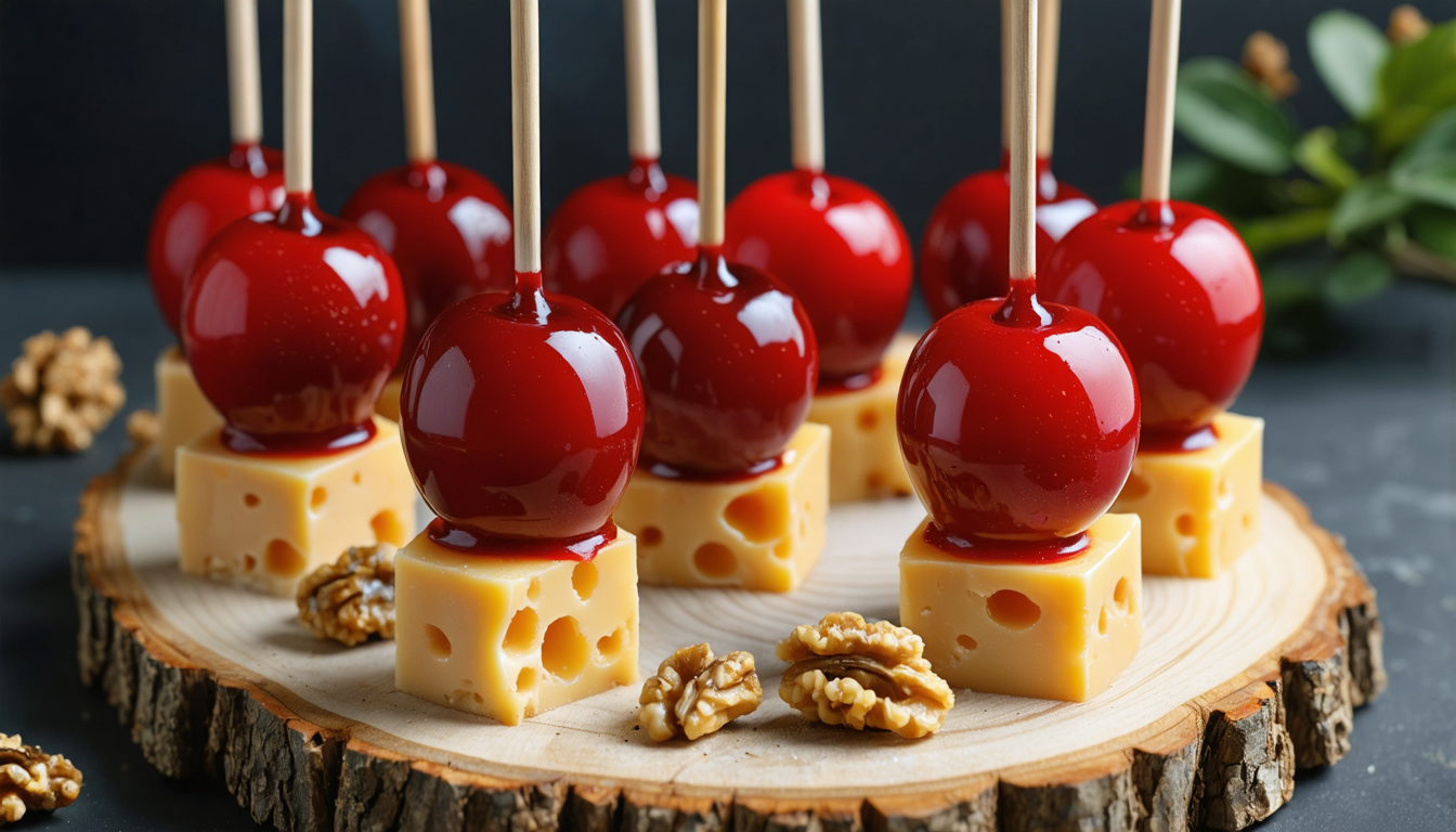 découvrez nos sucettes gourmandes alliant la douceur du fromage frais et le croquant des noix, revisitées en délicieuses pommes d'amour pour un dessert original et raffiné.