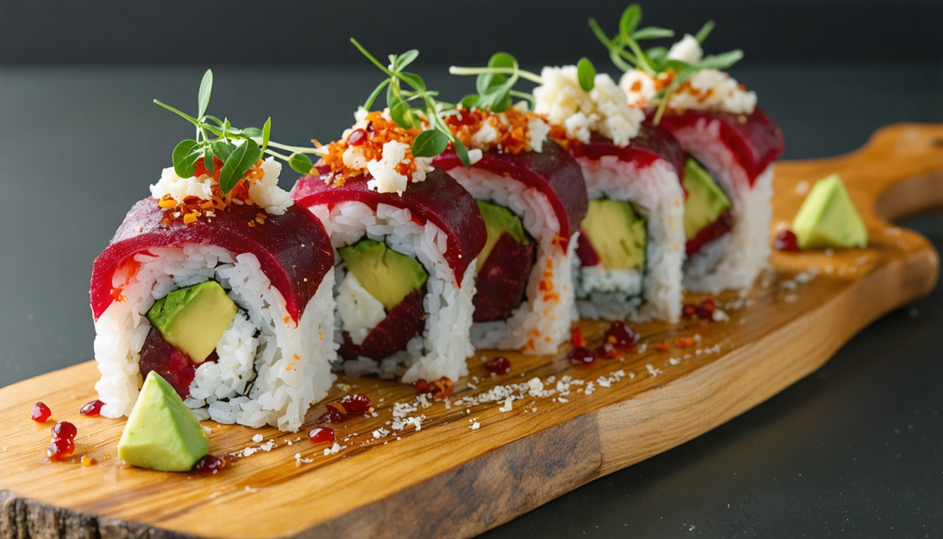 découvrez une recette gourmande et innovante de sushi revisité avec de la betterave, de l'avocat et du fromage de provence, pour une expérience culinaire originale et savoureuse.