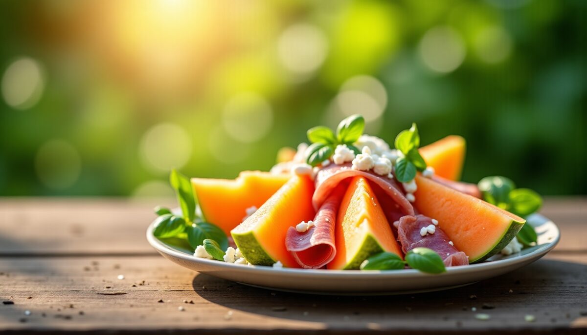 Délice d'été : salade fraîche de melon, jambon cru et fromage de brebis