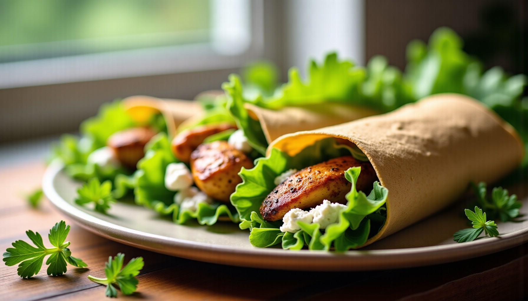 Wrap frais au poulet, céleri croquant, feta fondante et mâche : une recette saine et gourmande