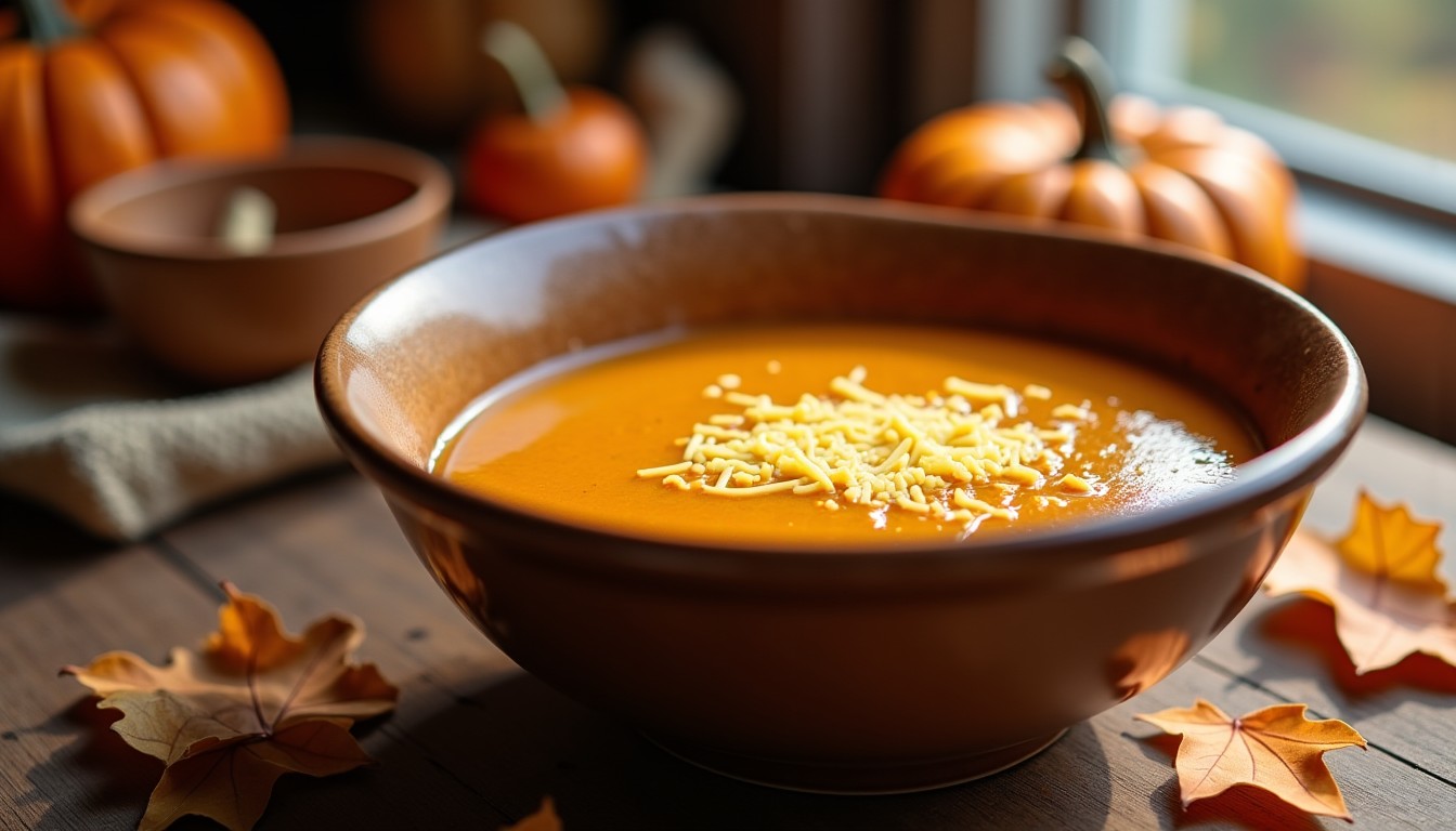 Délice Automnal : Soupe Épicée de Potiron au Fromage Fondant