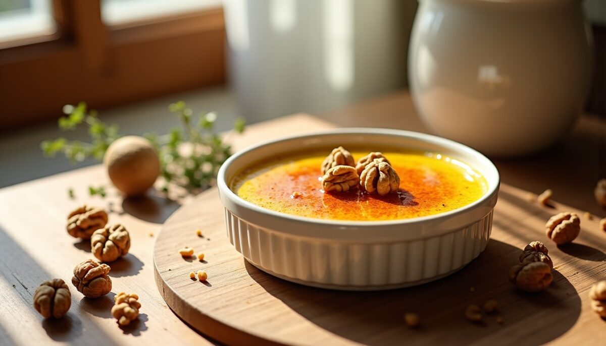 Délice gourmand : Crème brûlée au Maroilles et éclats de noix