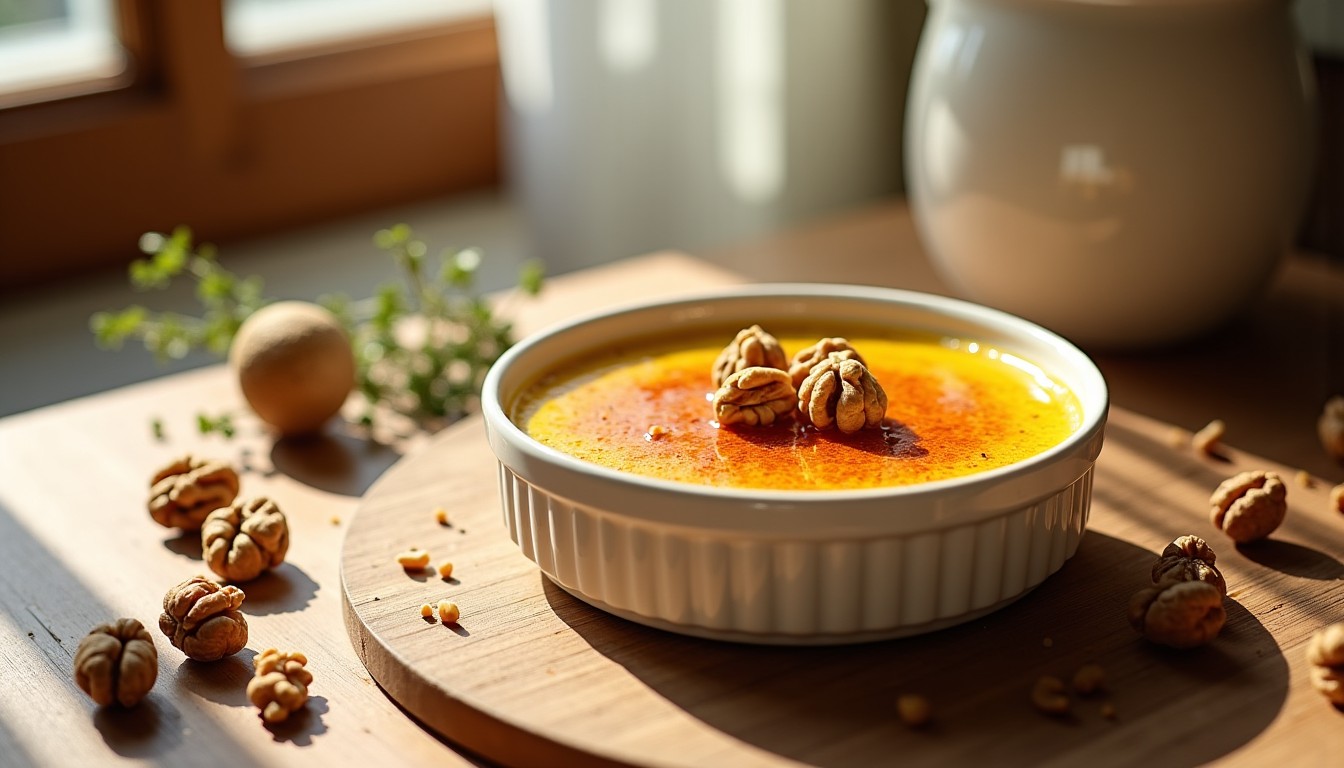 Délice gourmand : Crème brûlée au Maroilles et éclats de noix