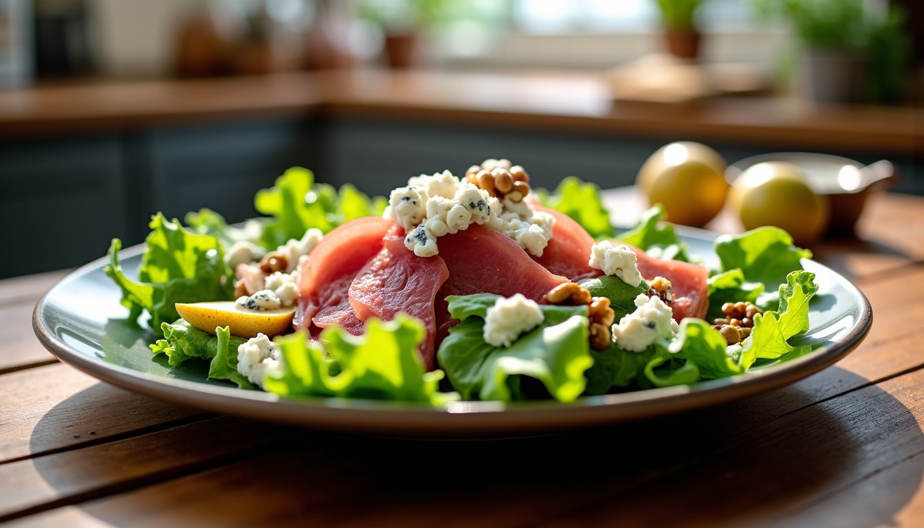 Délice gourmand : salade composée au fromage bleu et magret de canard fumé