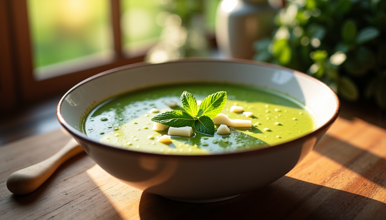 Soupe onctueuse de petits pois à la menthe fraîche et fromage frais délicat