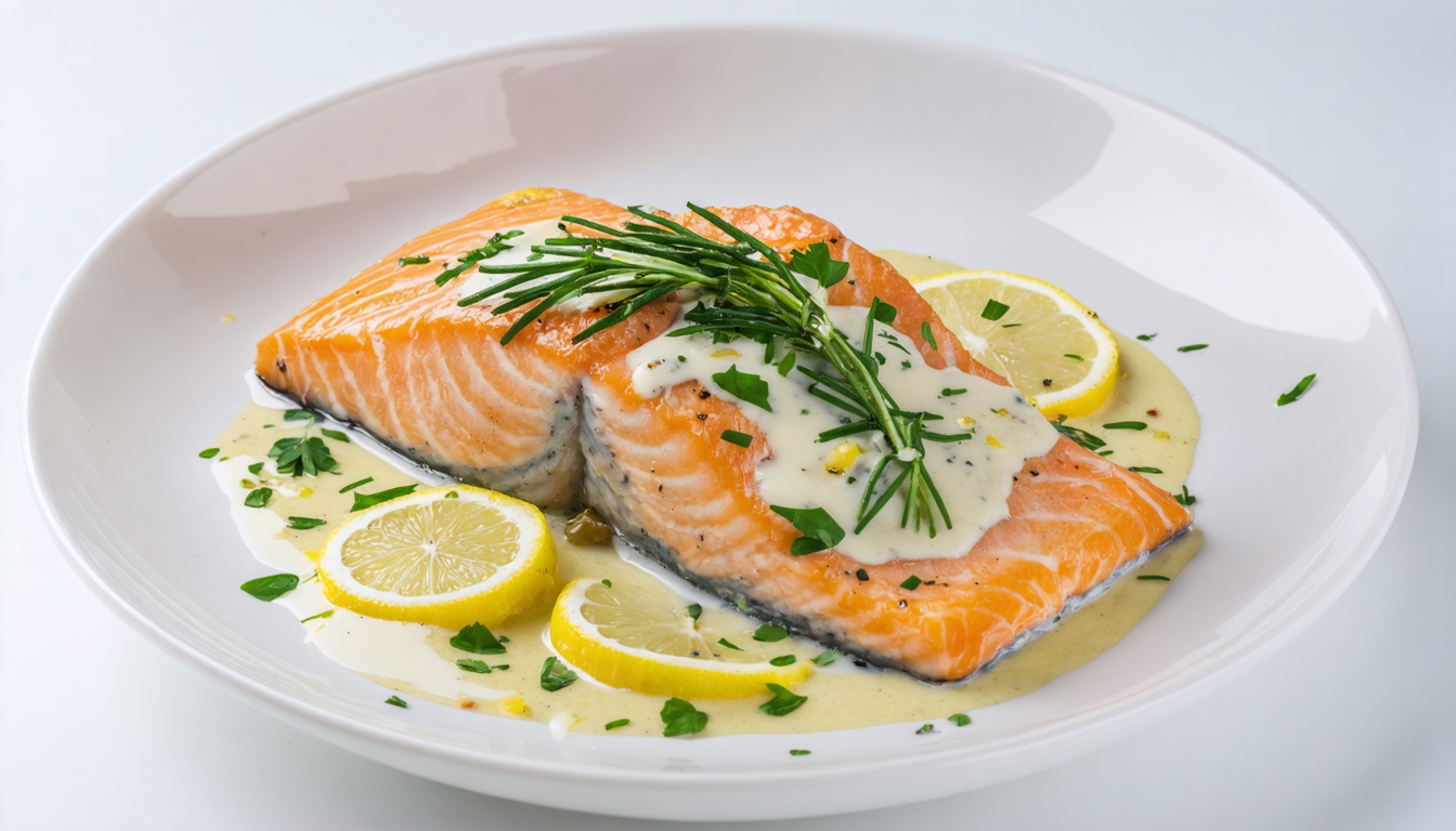 découvrez notre recette simple et gourmande de délice de saumon accompagné d'une savoureuse sauce au vin blanc, parfaite pour un repas raffiné et facile à préparer.