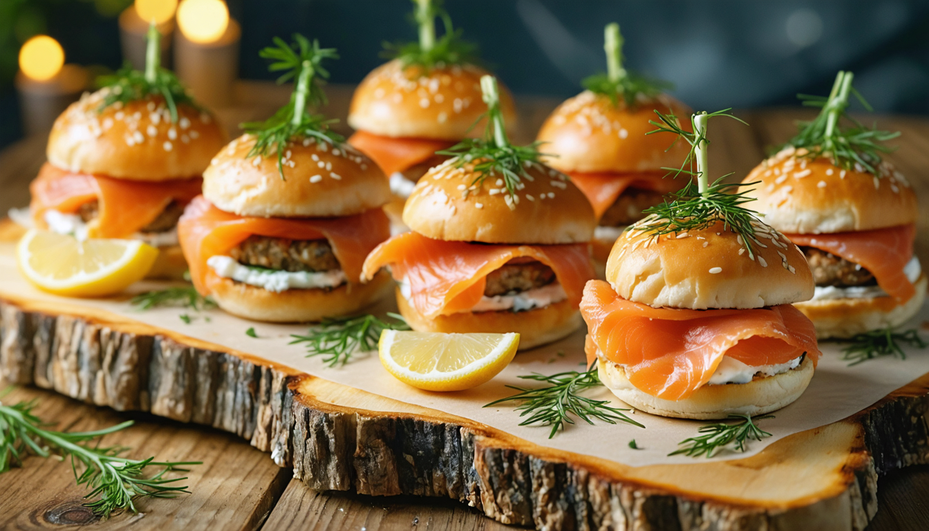découvrez notre recette gourmande de mini-burgers au saumon fumé et fromage frais, parfaits pour un délice en miniature à savourer en toute convivialité.
