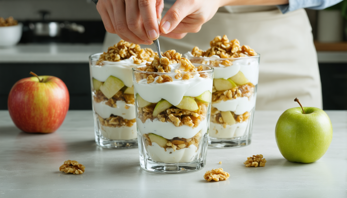 découvrez notre recette légère de verrines pommes-noix revisitées façon tiramisu, un dessert gourmand et sain alliant fraîcheur et saveurs automnales.