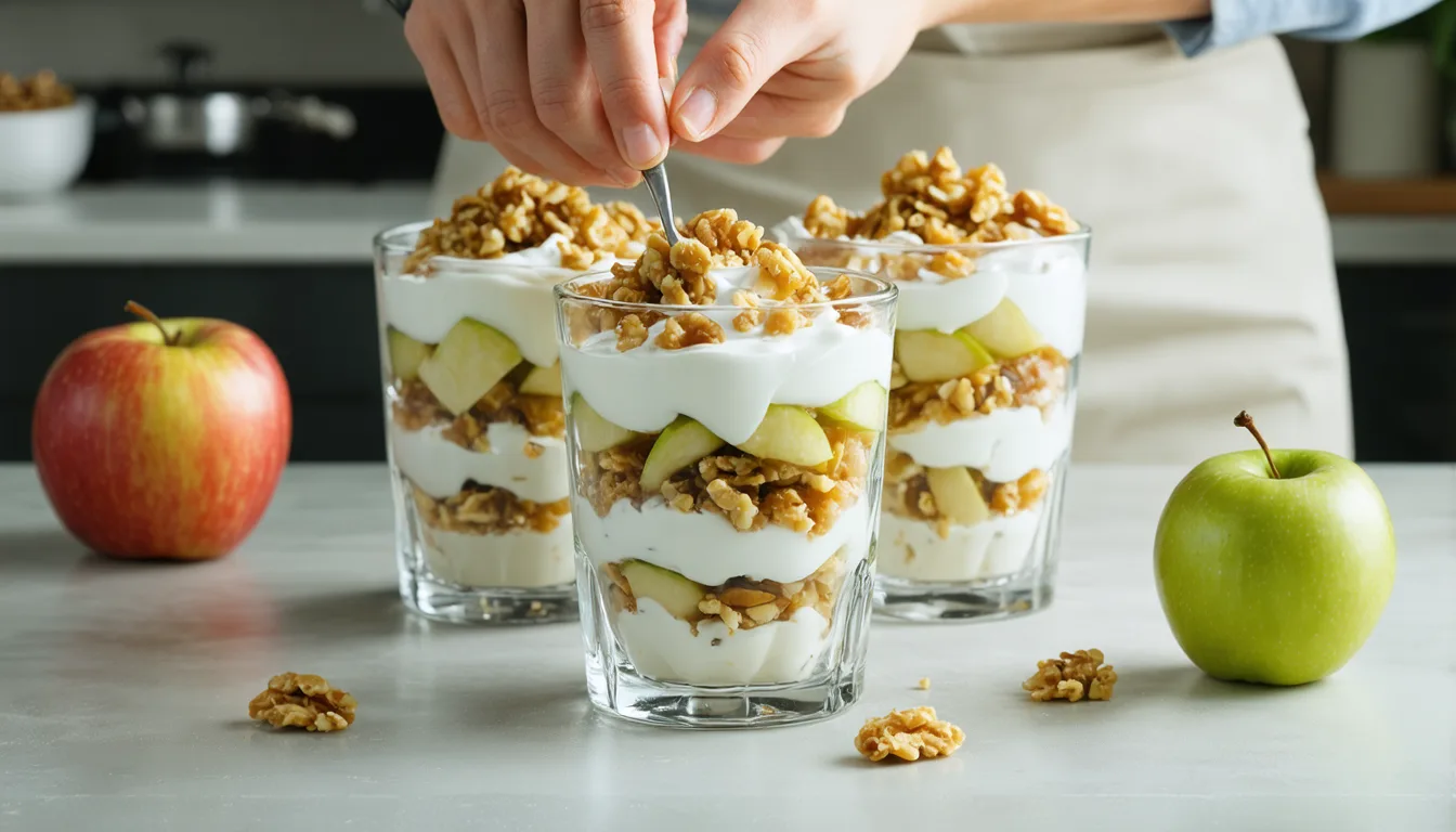 découvrez notre recette légère de verrines pommes-noix revisitées façon tiramisu, un dessert gourmand et sain alliant fraîcheur et saveurs automnales.