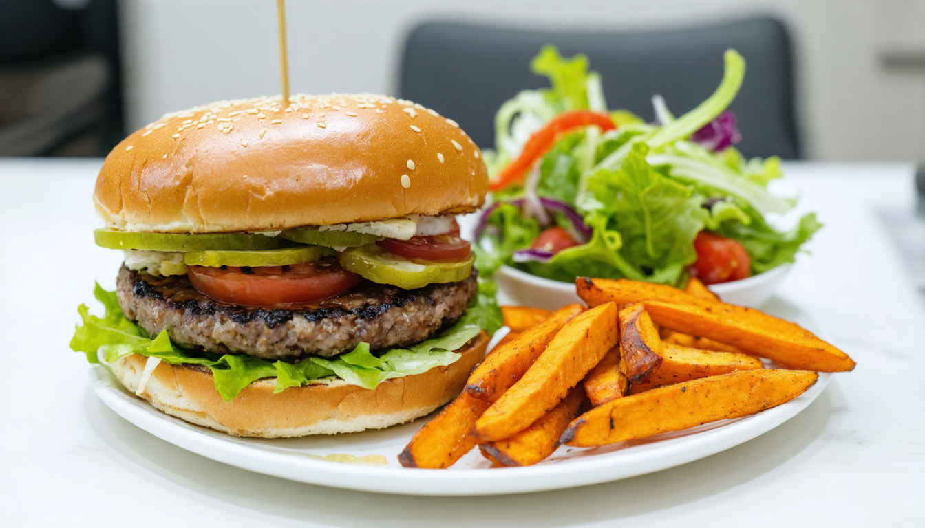 savourez un délicieux burger végétarien au fromage fondant accompagné d'oignons marinés maison pour une explosion de saveurs authentiques et gourmandes.