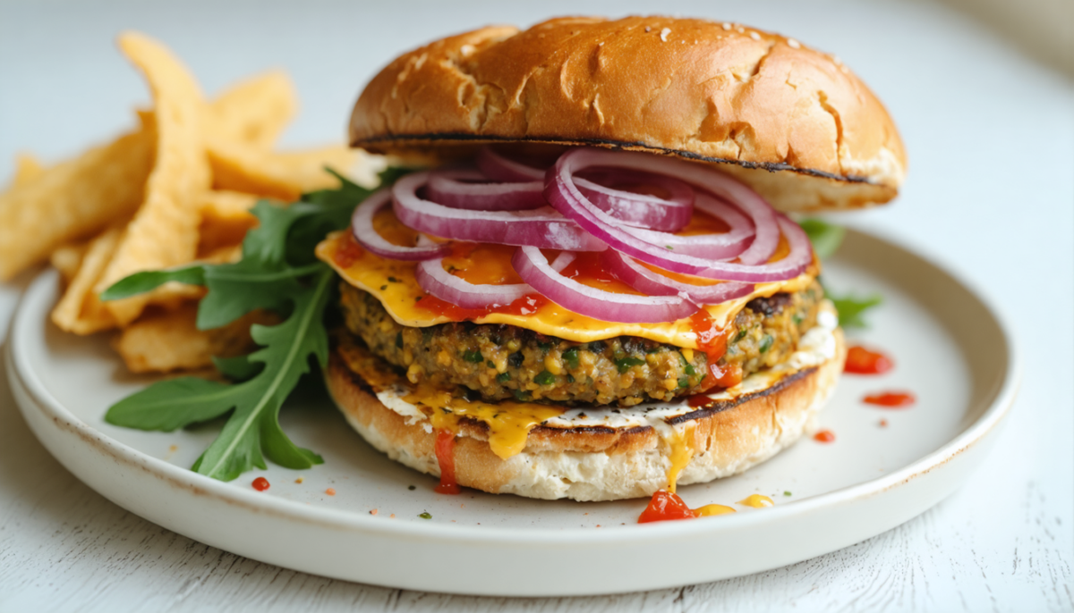 savourez un délice végétarien avec notre burger au fromage fondant et oignons marinés maison, une recette gourmande et pleine de saveurs pour tous les amateurs de cuisine végétarienne.
