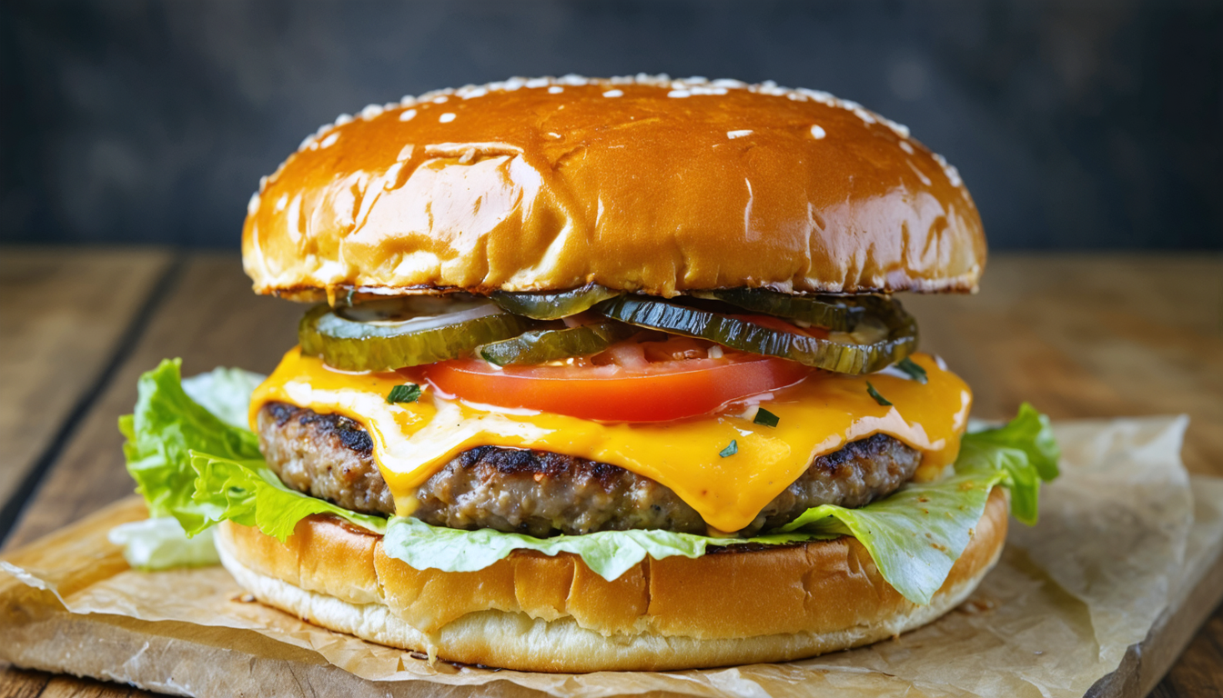 découvrez notre délice végétarien : un burger savoureux au fromage fondant accompagné d'oignons marinés maison, une explosion de saveurs pour les amateurs de cuisine saine et gourmande.