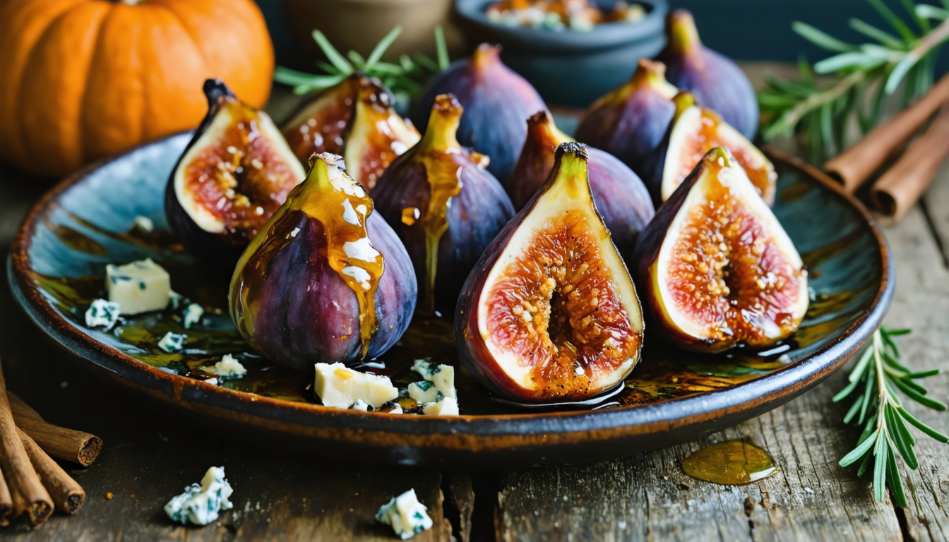 savourez l'automne avec ces figues rôties au fromage bleu crémeux, nappées de miel doux et parfumées au romarin frais, une explosion de saveurs gourmandes et raffinées.