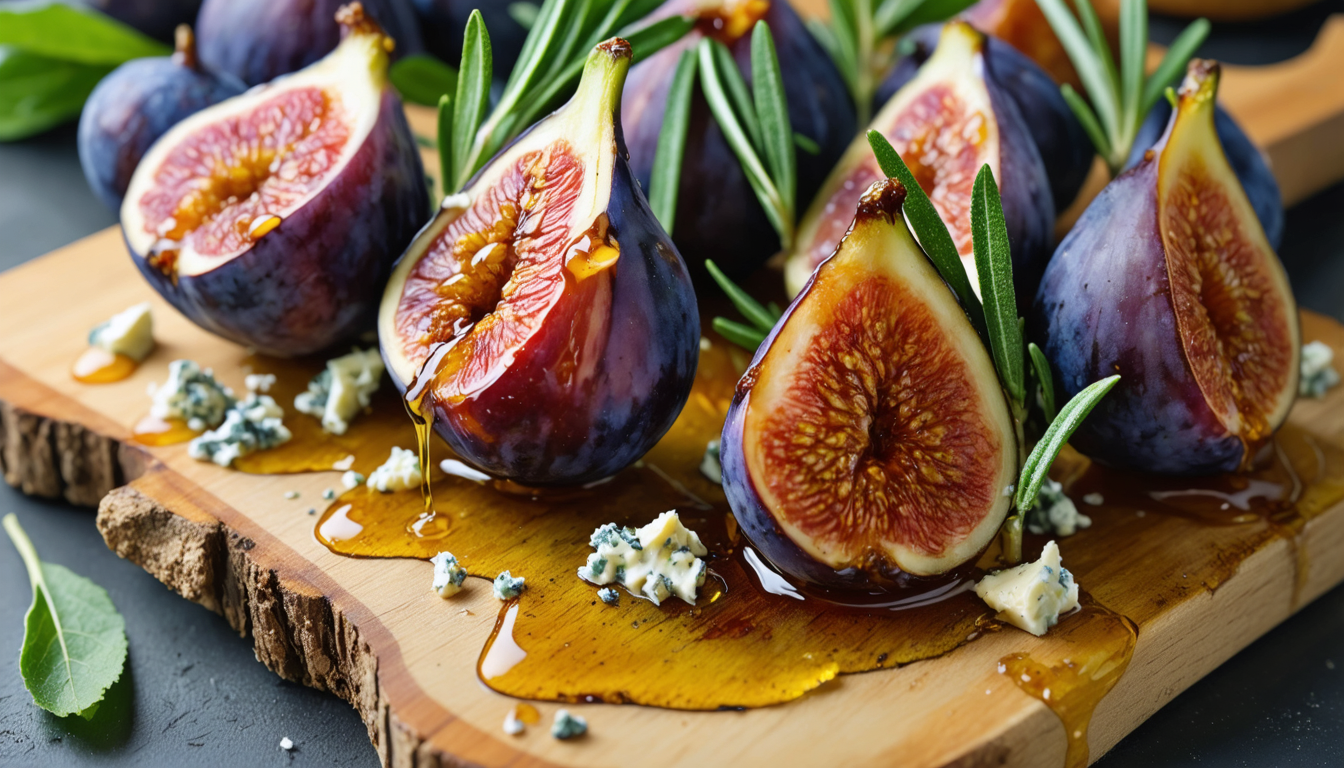 savourez l'automne avec ces figues rôties au fromage bleu fondant, nappées de miel doux et parfumées au romarin frais, pour une harmonie de saveurs délicates et réconfortantes.