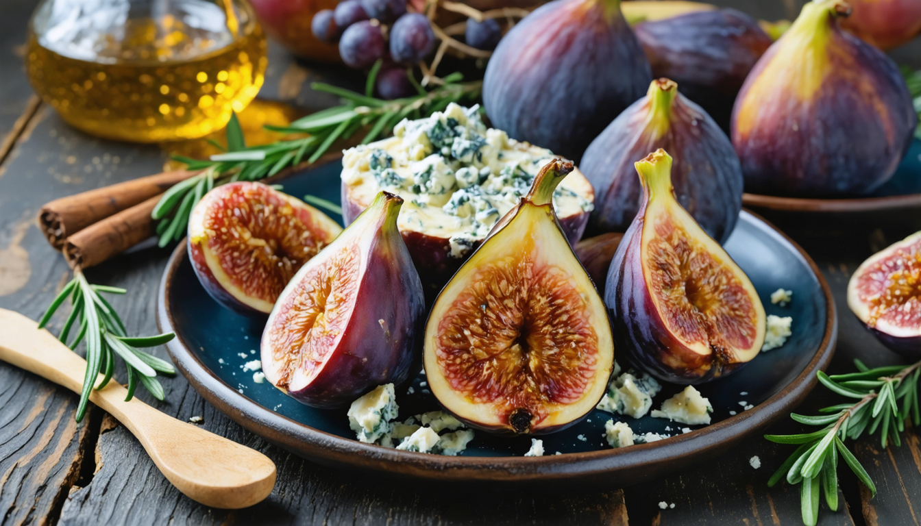 découvrez une recette savoureuse pour l'automne : figues rôties au fromage bleu, sublimées par un filet de miel doux et une touche de romarin aromatique, parfaite pour régaler vos papilles.