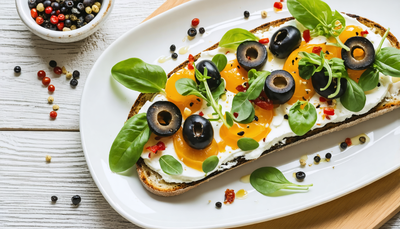 savourez une tartine gourmande au fromage frais, olives savoureuses et chorizo épicé, parfaite pour un apéritif ou un repas simple et délicieux.