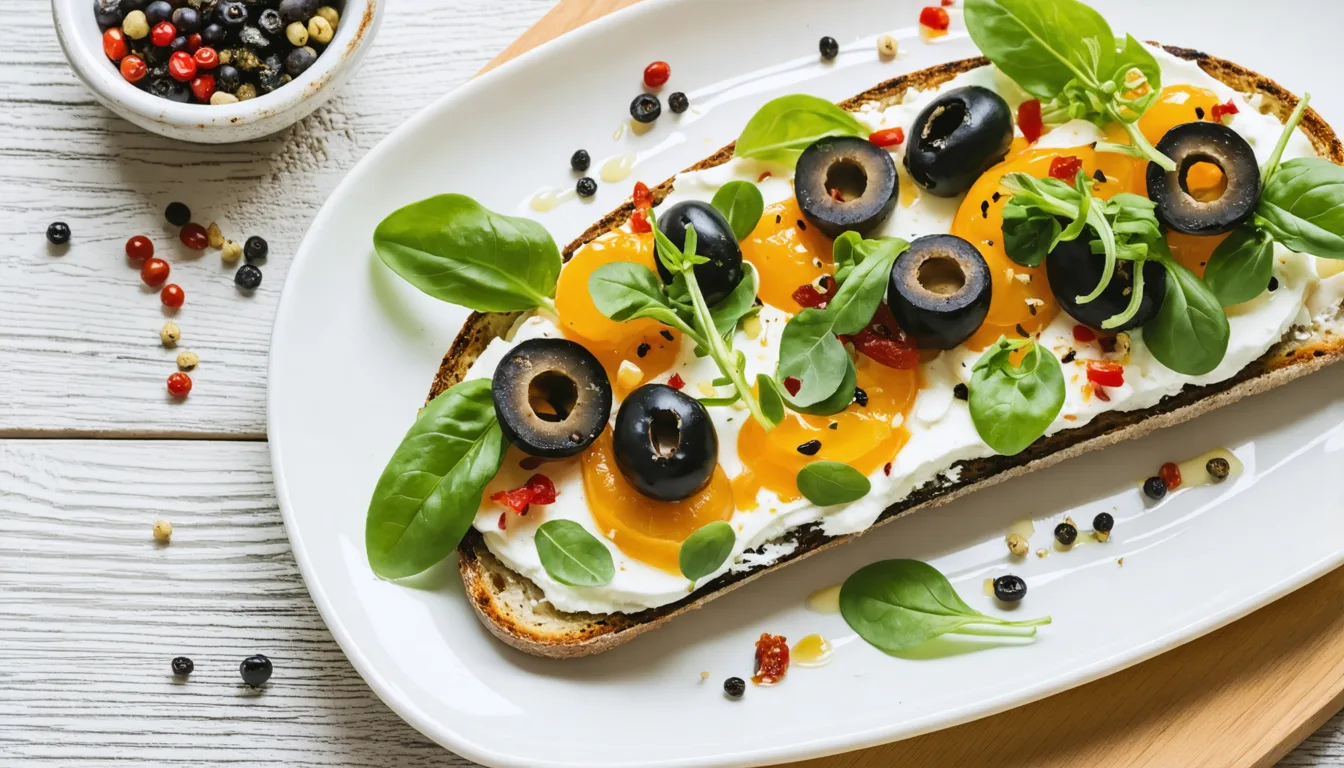 savourez une tartine gourmande au fromage frais, olives savoureuses et chorizo épicé, parfaite pour un apéritif ou un repas simple et délicieux.