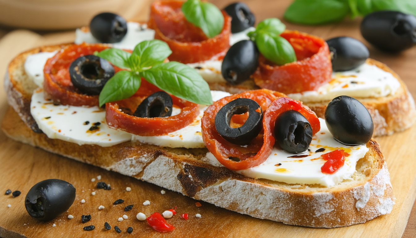 savourez une délicieuse tartine gourmande alliant fromage frais onctueux, olives parfumées et chorizo épicé pour un repas rapide et savoureux.