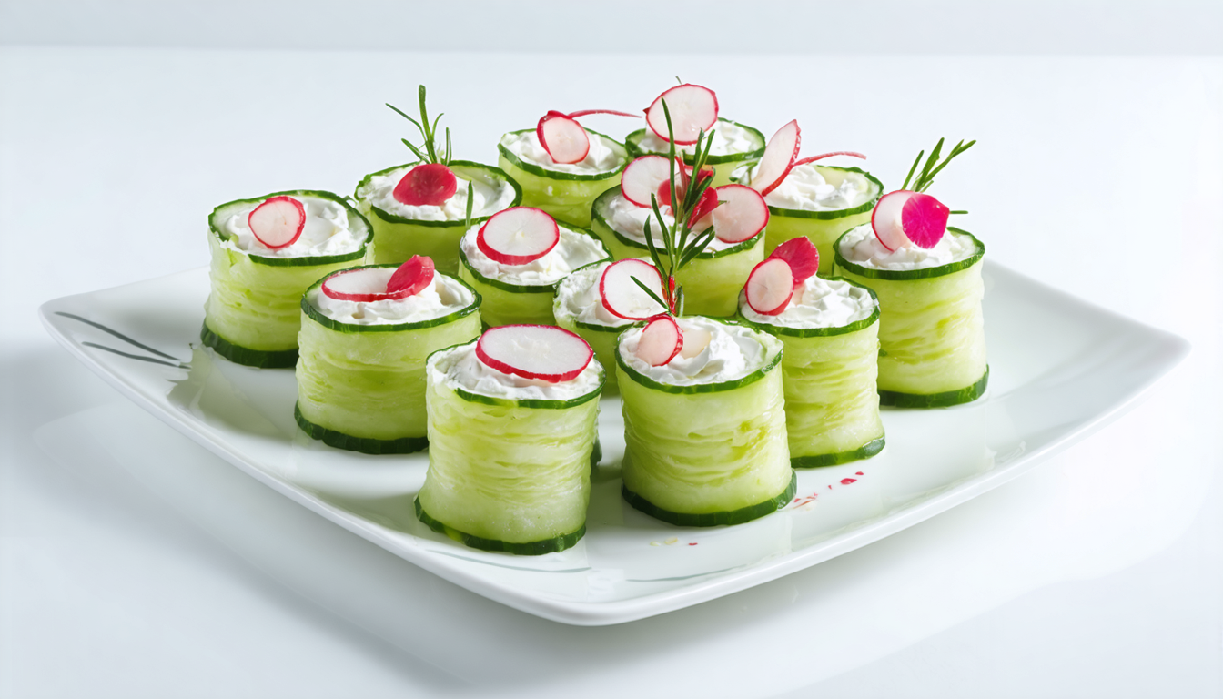 découvrez nos rouleaux croquants de concombre garnis de fromage frais et radis, une entrée fraîche et légère parfaite pour toutes les occasions.