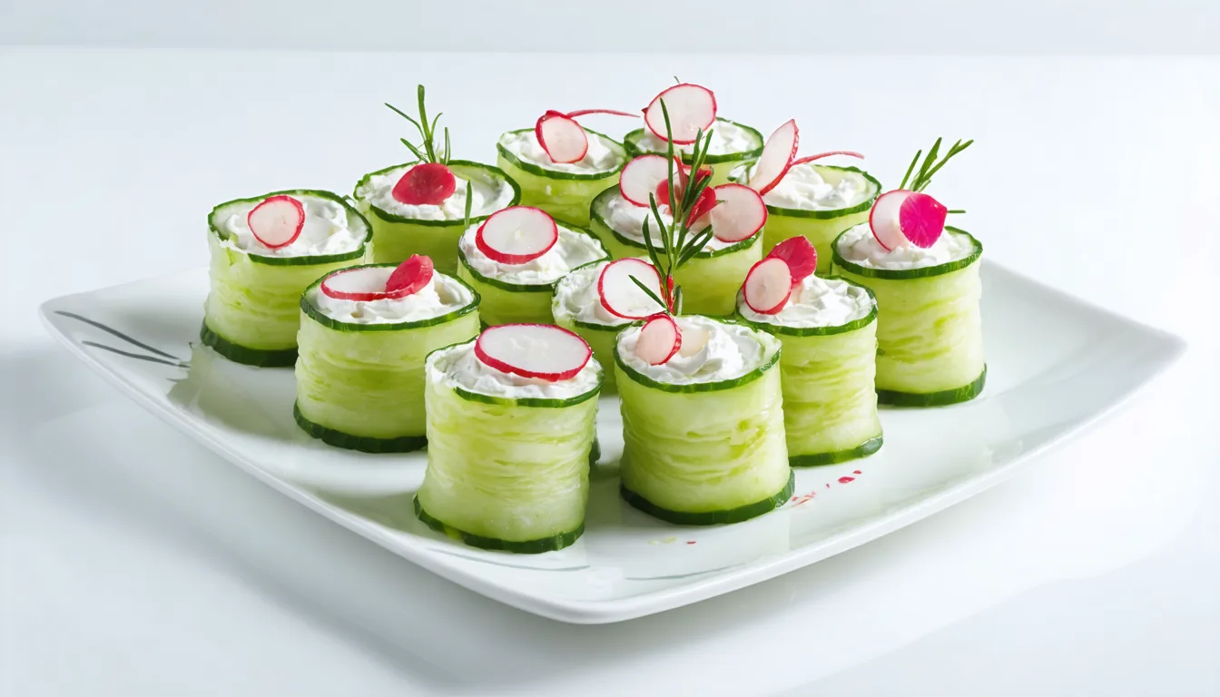 découvrez nos rouleaux croquants de concombre garnis de fromage frais et radis, une entrée fraîche et légère parfaite pour toutes les occasions.