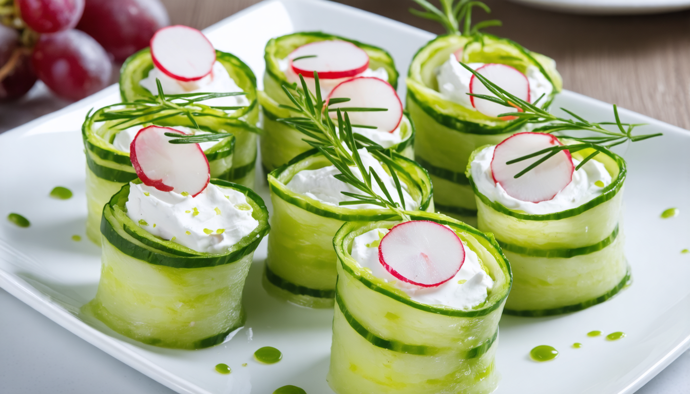 découvrez nos rouleaux croquants de concombre garnis de fromage frais et radis, une entrée légère et pleine de fraîcheur idéale pour éveiller vos papilles.