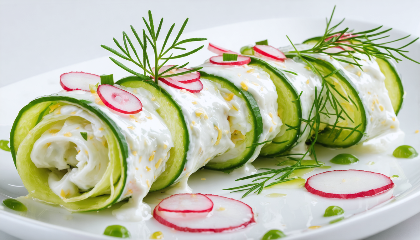 découvrez nos rouleaux croquants de concombre garnis de fromage frais et radis, une entrée légère et rafraîchissante parfaite pour éveiller vos papilles.
