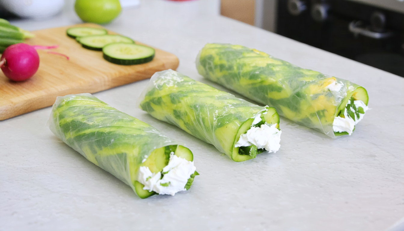 découvrez nos rouleaux croquants de concombre garnis de fromage frais et radis, une entrée fraîche et légère parfaite pour vos repas d'été.