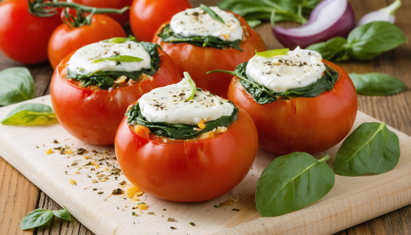 découvrez une recette saine et savoureuse de tomates farcies légères aux pousses d’épinards et fromage frais, idéale pour un repas gourmand et équilibré.