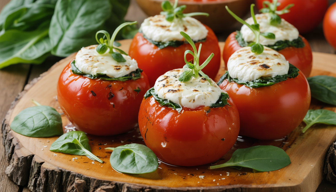 découvrez une recette saine et savoureuse de tomates farcies légères aux pousses d’épinards et fromage frais, idéale pour un repas équilibré et gourmand.