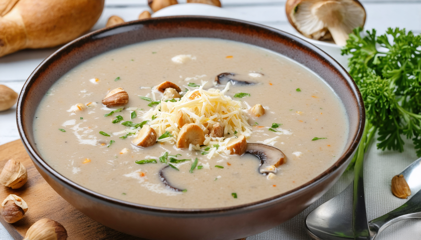 découvrez notre recette savoureuse de velouté gourmand aux champignons, noisettes croquantes et fromage fondant, parfaite pour réchauffer vos soirées d'automne.