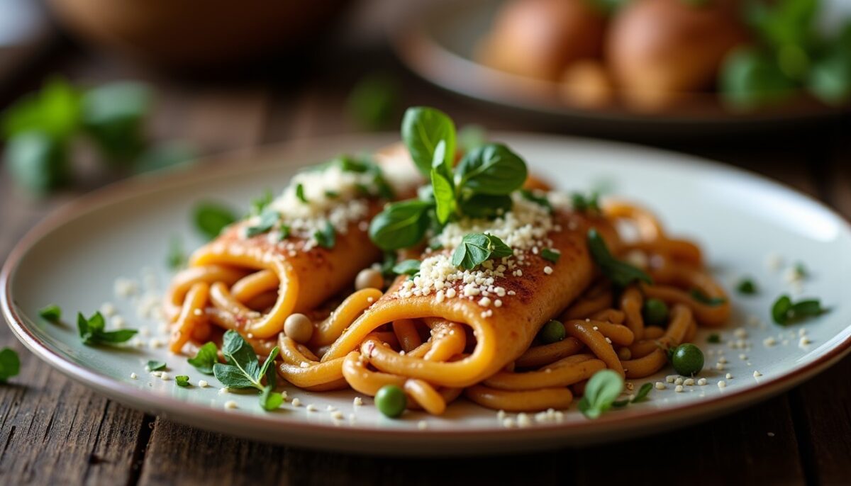 Tagliatelles gourmandes aux lentilles, potiron fondant et éclats de Roquefort