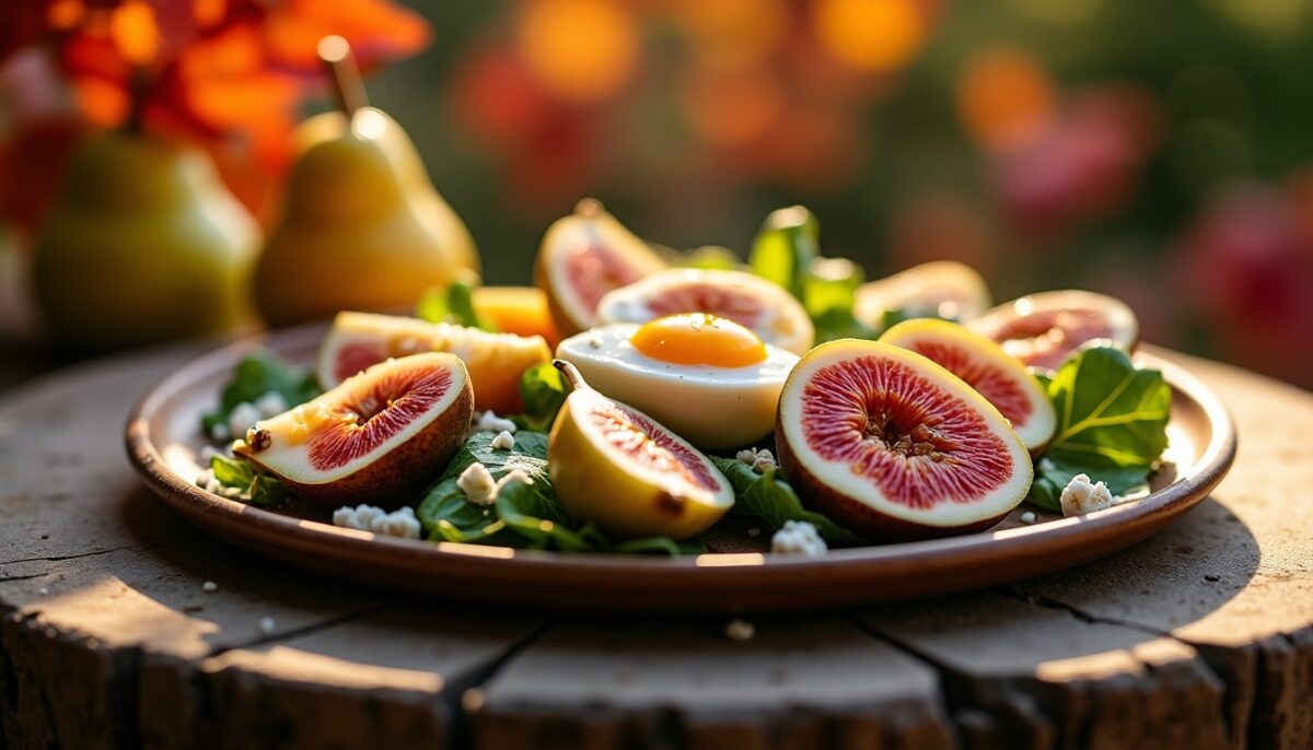 Salade gourmande aux saveurs d'automne : poire, figue, œuf mollet et fromage bleu