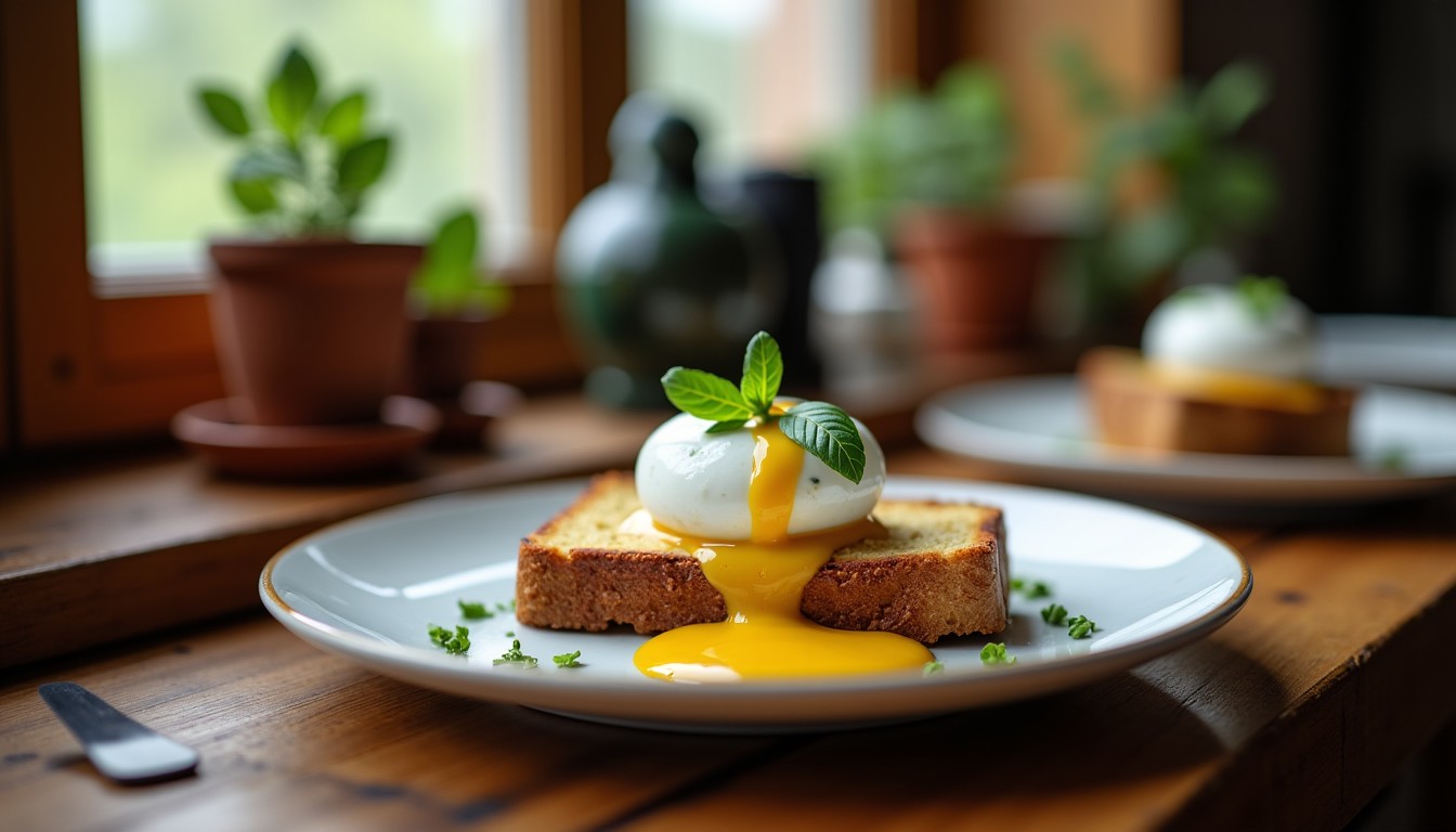 Délice gourmand : œuf poché sur toast croustillant nappé d'une onctueuse crème au bleu